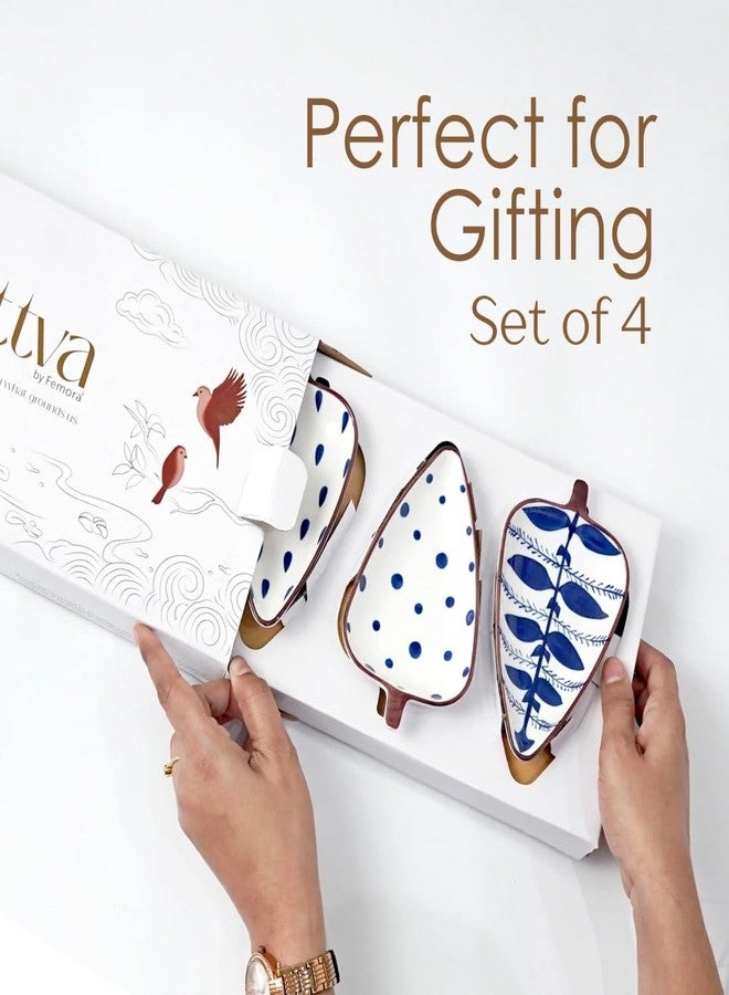 Femora Ceramic Serving Platter | 4 Small Leaf-Shaped Plates with 1 Wooden Tray | Perfect for Serving Sweets, Cookies, Dry Fruits, Mouth Freshner & Snacks (Blue & White). - Image 3